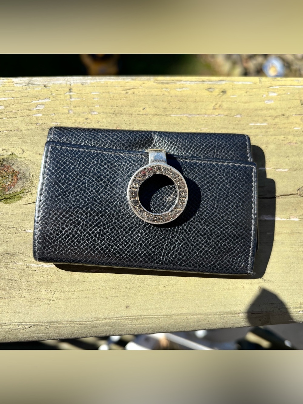 Bulgari Black Textured Leather Card Holder with Signature Ring